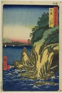 Sagamin maakunta: Enoshiman luolien sisäänkäynti (Sagami, Enoshima iwaya no kuchi), sarjasta "Kuuluisia paikkoja kuudessakymmenessä maakunnassa (Rokujuyoshu meisho zue)". tekijältä Utagawa Hiroshige