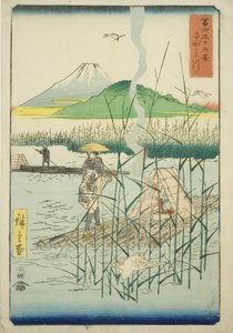 Sagami-joki (Sagamigawa), sarjasta "Kolmekymmentäkuusi näkymää Fuji-vuorelle (Fuji sanjurokkei)" tekijältä Utagawa Hiroshige