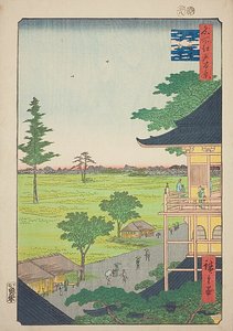 Viisisadan Rakan-temppelin Sazai-sali (Gohyaku Rakan Sazaido), nro 66 sarjasta "Sata kuuluisaa näkymää Edosta (Meisho Edo hyakkei)". tekijältä Utagawa Hiroshige