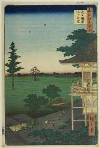 Viisisadan Rakan-temppelin Sazai-sali (Gohyaku Rakan Sazaido), sarjasta "Sata kuuluisaa näkymää Edosta (Meisho Edo hyakkei)". tekijältä Utagawa Hiroshige