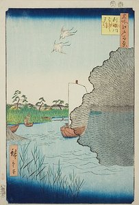 Scattered Pines on the Tone River (Tonegawa Barabara-matsu), nro 71 sarjasta "One Hundred Famous Views of Edo (Meisho Edo hyakkei)". tekijältä Utagawa Hiroshige