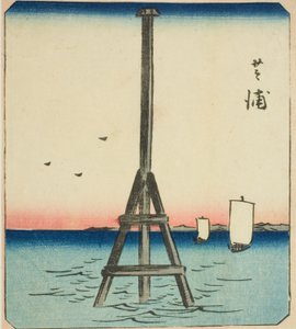 Shibaura, osa arkkia sarjasta "Leikkauskuvia Edon kuuluisista paikoista (Edo meisho harimaze zue)" tekijältä Utagawa Hiroshige