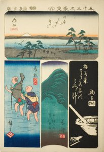 Shimada, Fujieda, Okabe ja Mariko, no. 6 sarjasta "Viidenkymmentäkolmen aseman leikkaukset (Gojusan tsugi harimaze)" tekijältä Utagawa Hiroshige