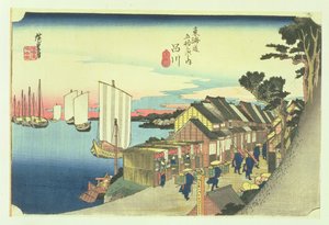 Shinagawa: Daimyon lähtö, myöhemmissä painoksissa nimeltä Sunrise, nro 2 sarjasta "53 Stations of the Tokaido" ("Tokaido gojusan tsugi no uchi"), pubi. Tekijä: Hoeido, 1833 (oban-koko, yoko-e- horiz