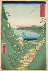 Shiojirin sola Shinanon maakunnassa (Shinano Shiojiri toge), sarjasta "Kolmekymmentäkuusi näkymää Fuji-vuorelle (Fuji sanjurokkei)" tekijältä Utagawa Hiroshige
