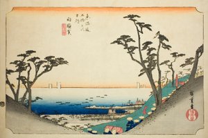 Shirasuka: Näkymä Shiomi-rinteelle (Shirasuka, Shiomizaka zu), sarjasta "Fifty-three Stations of the Tokaido (Tokaido gojusan tsugi no uchi)", joka tunnetaan myös nimellä Hoeido Tokaido tekijältä Utagawa Hiroshige