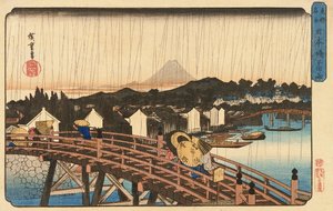 Suihku Nihonbashin sillalla, 1832-34 (värillinen puupiirros)