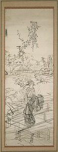 Luonnos naista ylittämässä siltaa tekijältä Utagawa Hiroshige