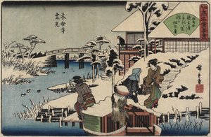 Snow Scene Mokubo-ji-temppelissä ja Uekiya-ravintolassa, Uekiya, n. 1835-1842
