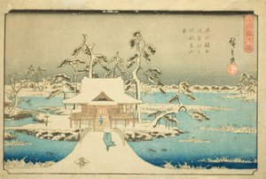 Lunta Benzaiten-pyhäkössä Inokashira Pondissa (Inokashira no ike Benzaiten no yashiro yuki no kei), sarjasta "Lumi, kuu ja kukat kuuluisissa paikoissa (Meisho setsugekka)" tekijältä Utagawa Hiroshige