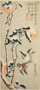 Varpuset ja kamelia lumessa tekijältä Utagawa Hiroshige