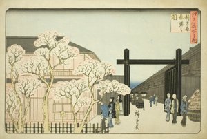 Yoshiwara (New Yoshiwara Spring Akebono Picture), elokuvasta "Fa Nets Paseo Edo (Edon kuuluisten paikkojen joukossa)" tekijältä Utagawa Hiroshige