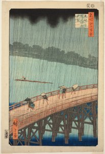 Suden Shouer Over New Chopsticks B Ridge Plan D Ataka (Syömäpuikot Ataka Yumitate), sarjasta "Ridge d re d fa net s View ws f Edo (kuuluisa paikka Edo 100 view)" tekijältä Utagawa Hiroshige