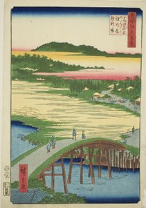 Sugatami-silta, Omokagen silta ja Takatan sorakuoppa (Takata Sugataminohashi Omokagenohashi jariba), sarjasta "Sata kuuluisaa näkymää Edosta (Meisho Edo hyakkei)" tekijältä Utagawa Hiroshige