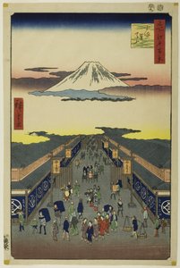 Surugacho, sarjasta "Sata kuuluisaa näkymää Edosta (Meisho Edo hyakkei)". tekijältä Utagawa Hiroshige