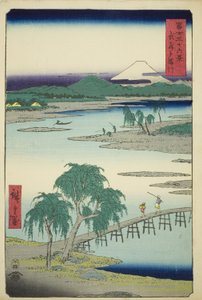 Tama-joki Musashin maakunnassa (Musashi Tamagawa), sarjasta "Kolmekymmentäkuusi näkymää Fuji-vuorelle (Fuji sanjurokkei)" tekijältä Utagawa Hiroshige