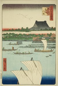 Top design d Tsukiji Hongwanji temppelikäsi MP (Teppo piirustus Tsukiji monzeki), te sarjasta Keiyo)” tekijältä Utagawa Hiroshige