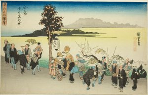Ebisu-festivaali ensimmäisen kuukauden kymmenentenä päivänä Imamiyassa (Imamiya Toka Ebisu), sarjasta "Osakan kuuluisat näkymät (Naniwa meisho zue)" tekijältä Utagawa Hiroshige