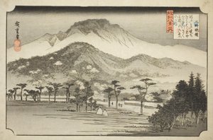 Iltakello Miiderassa (Mii no bansho), sarjasta "Kahdeksan näkymää Omin maakunnassa (Omi hakkei no uchi)" tekijältä Utagawa Hiroshige