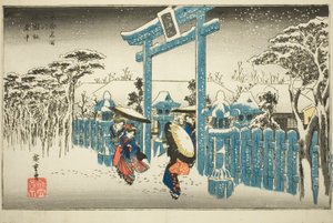 Gionin pyhäkkö lumessa (Gionsha setchu), sarjasta "Kioton kuuluisia paikkoja (Kyoto meisho no uchi)" tekijältä Utagawa Hiroshige