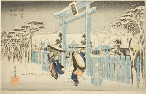Gionin temppeli lumessa (Gionsha setchu), sarjasta "Famous Places in Kiot (Kyoto meisho no uchi)" tekijältä Utagawa Hiroshige