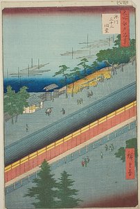 Fukagawan kolmenkymmenenkolmen lahden sali (Fukagawa Sanjusangendo), nro 69 sarjasta "Sata kuuluisaa näkymää Edosta (Meisho Edo hyakkei)". tekijältä Utagawa Hiroshige