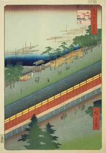 Kolmenkymmenenkolmen lahden sali Fukagawassa (Fukagawa Sanjusangendo), sarjasta "Sata kuuluisaa näkymää Edosta (Meisho Edo hyakkei)" tekijältä Utagawa Hiroshige