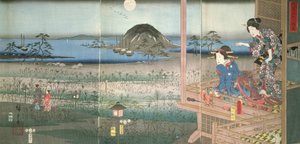 Lady Fujitsubo katselee prinssi Genjin matkaa kuutamossa, 1853 (värillinen puupainatus)