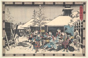 Neljänkymmenenseitsemän R?ninin uskollinen liiga (Ch?shingura), näytös XI, nro 3: Roninin vangitsema Moronaon yöhyökkäys tekijältä Utagawa Hiroshige