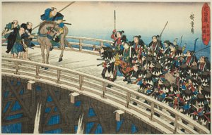 The Night Attack, osa 4 [sic; itse asiassa 5]: Retreat Ryogoku Bridgen yli (Youchi yon, Ryogoku hikitori), sarjasta "Uskollisten pidättäjien kosto (Chushingura)" tekijältä Utagawa Hiroshige
