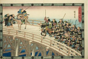 The Night Attack, osa 4 [sic; itse asiassa 5]: Retreat Ryogoku Bridgen yli (Youchi yon, Ryogoku hikitori), sarjasta "Uskollisten pidättäjien kosto (Chushingura)" tekijältä Utagawa Hiroshige