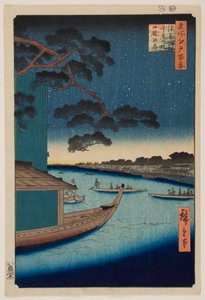Rendezvous-mänty Asakusa-joen läheisyydessä ja Sumida-joen Oumaya-ranta, sarjasta ”Edon sata kuuluisaa näkymää” tekijältä Utagawa Hiroshige