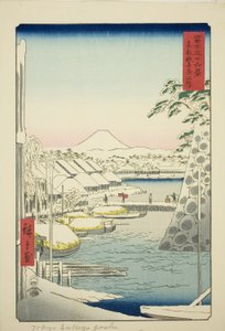 Joenranta Sukiyassa itäisessä pääkaupungissa (Toto Sukiyagashi), sarjasta "Kolmekymmentäkuusi näkymää Fuji-vuorelle (Fuji sanjurokkei)" tekijältä Utagawa Hiroshige