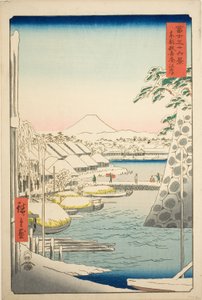Joenranta Sukiyassa itäisessä pääkaupungissa (Toto Sukiyagashi), sarjasta "Kolmekymmentäkuusi näkymää Fuji-vuorelle (Fuji sanjurokkei)" tekijältä Utagawa Hiroshige