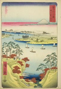 Tone-joki Konodaissa (Konodai Tonegawa), sarjasta "Kolmekymmentäkuusi näkymää Fuji-vuorelle (Fuji sanjurokkei)" tekijältä Utagawa Hiroshige