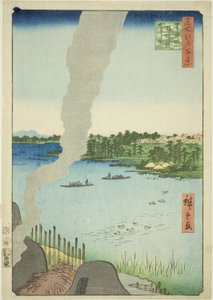 Tile Kilns ja Hashiba Ferry Sumida-joella (Sumidagawa Hashiba no watashi kawaragama), sarjasta "Sata kuuluisaa näkymää Edosta (Meisho Edo hyakkei)" tekijältä Utagawa Hiroshige