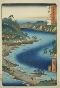 Totomin maakunta: Inasan kapea sisääntulo lähellä Kanzan-temppeliä Hamana-järvellä Horiessa (Totomi, Hamana no umi, Horie Kanzanji, Inasa no hosoe), sarjasta "Famous Places in the Sixty-odd Provinces (Rokujuyoshu meisho zue)" tekijältä Utagawa Hiroshige
