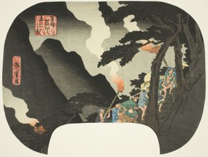 Matkustaminen yöllä Hakone-vuorilla Izun ja Sagamin maakuntien rajalla (Zuso Hakone-yama yako no zu), sarjasta "Kuuluisia paikkoja eri maakunnissa (Shokoku meisho)" tekijältä Utagawa Hiroshige