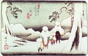 "Travellers in the Snow at Oi", sarjasta "69 Stations of Kisokaido", pub. 1830-luvun loppu, (oban-koko, yoko-e - vaakamuoto, värillinen puupalikkapainatus)