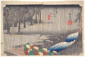Tsuchiyaman kevätsade: Tokaidon viisikymmentäkolme asemaa tekijältä Utagawa Hiroshige