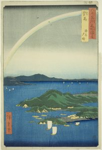 Tsushiman provinssi: Selkeä ilta rannikolla (Tsushima, Kaigan yubare), sarjasta "Kuusia paikkoja kuudenkymmenen parin maakunnan alueella (Rokujuyoshu meisho zue)" tekijältä Utagawa Hiroshige