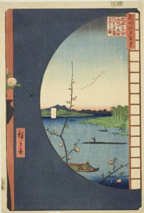 Näkymä Massakista Suijin-pyhäköstä, Uchigawa Inletistä ja Sekiyasta (Massaki hen yori Suijin no mori Uchigawa Sekiya no sato o miru zu), sarjasta "Sata kuuluisaa näkymää Edosta (Meisho Edo hyakkei)" tekijältä Utagawa Hiroshige