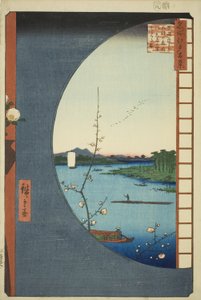 Näkymä Massakista Suijin-pyhäköstä, Uchigawa Inletistä ja Sekiyasta (Massaki hen yori Suijin no mori Uchigawa Sekiya no sato o miru zu), sarjasta "Sata kuuluisaa näkymää Edosta (Meisho Edo hyakkei)" tekijältä Utagawa Hiroshige