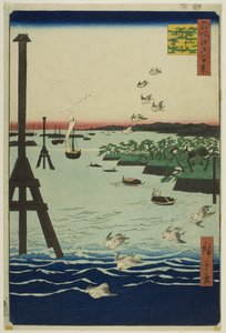 Näkymä Shiba-lahdelle (Shibaura no fukei), sarjasta "Sata kuuluisaa näkymää Edosta (Meisho Edo hyakkei)". tekijältä Utagawa Hiroshige
