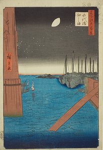 Näkymä Tsukudan saarelle Eitain sillalta (Eitaibashi Tsukudajima), nro 4 sarjasta "Sata kuuluisaa näkymää Edosta (Meisho Edo hyakkei)". tekijältä Utagawa Hiroshige