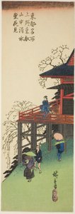 Katselemassa kirsikankukkia Kiyomizu Hallista Toeizanissa Uenossa (Ueno Toeizan chu Kiyomizudo no hanami), sarjasta "Itäisen pääkaupungin kuuluisat näkymät (Toto meisho)" tekijältä Utagawa Hiroshige