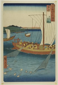 Wakasan maakunta: Wakasa, gyosen karei ami), sarjasta "Kuuluisia paikkoja kuudessakymmenessä maakunnassa (Rokujuyoshu meisho zue)". tekijältä Utagawa Hiroshige