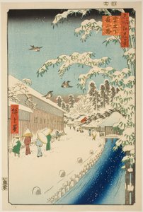 Yabu-katu Atago-kukkulan juurella (Atagoshita yabukoji), sarjasta "Sata kuuluisaa näkymää Edosta (Meisho Edo hyakkei)" tekijältä Utagawa Hiroshige