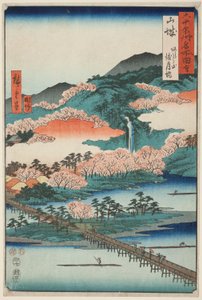 Yamashiron maakunta: Togetsun silta Arashi-vuorella (Yamashiro, Arashiyama Togetsukyo), sarjasta "Kuuluisia paikkoja kuudessakymmenessä maakunnassa (Rokujuyoshu meisho zue)". tekijältä Utagawa Hiroshige