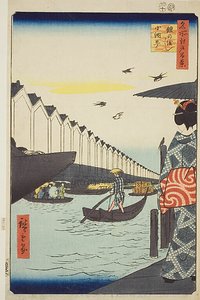 Yoroi Ferry, Koami-cho (Yoroi no watashi Koami-cho), nro 46 sarjasta "One Hundred Famous Views of Edo (Meisho Edo hyakkei)". tekijältä Utagawa Hiroshige